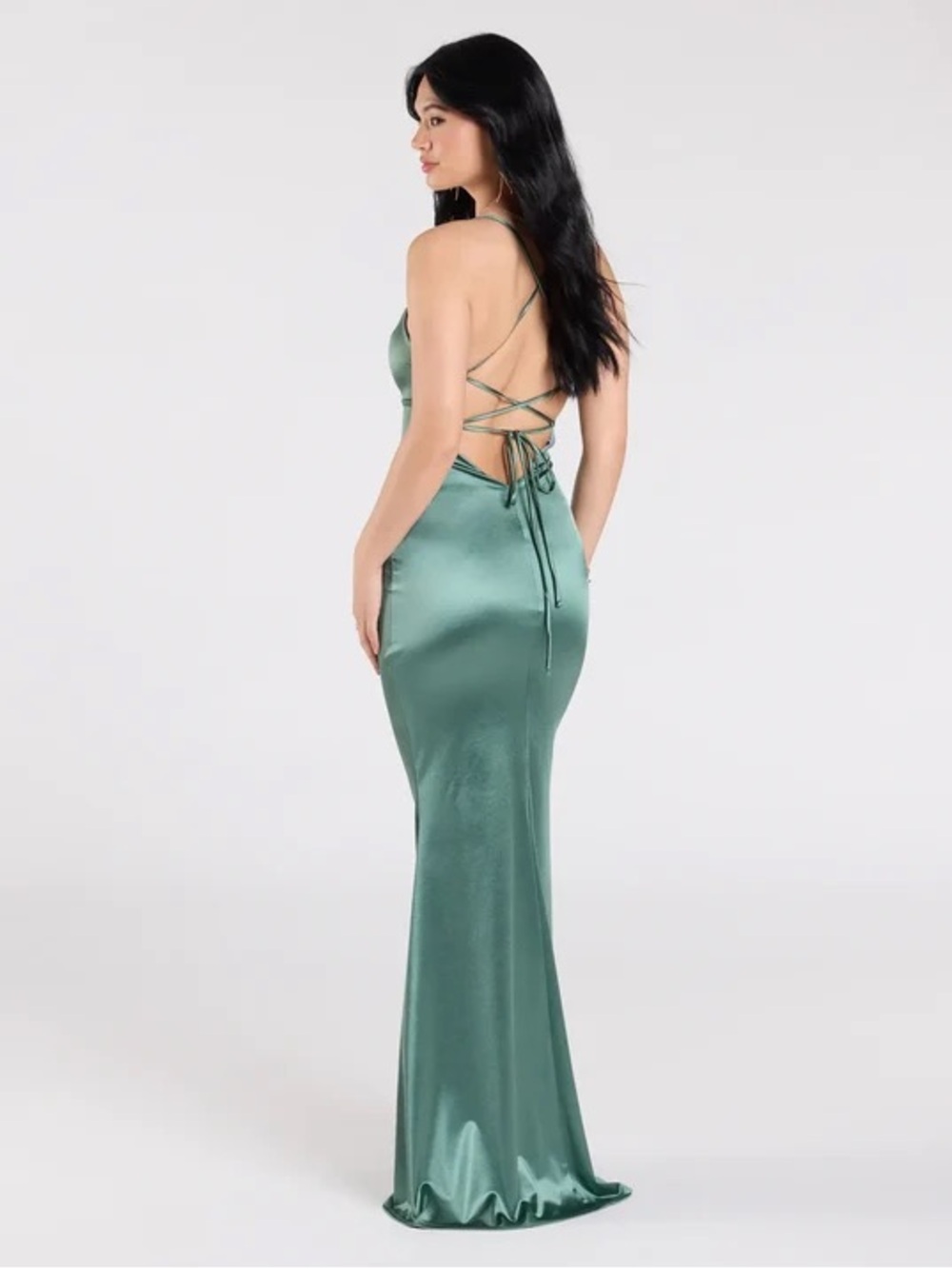 Windsor Emerald Satin Backless Lace-Up Evening Gown